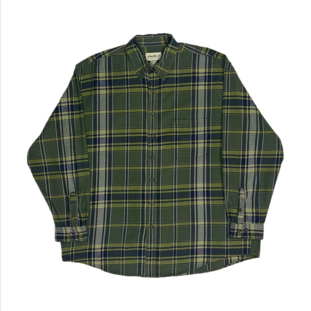 Vtg 90s Eddie Bauer khaki green navy plaid flannel button up shirt mens XXL Tall